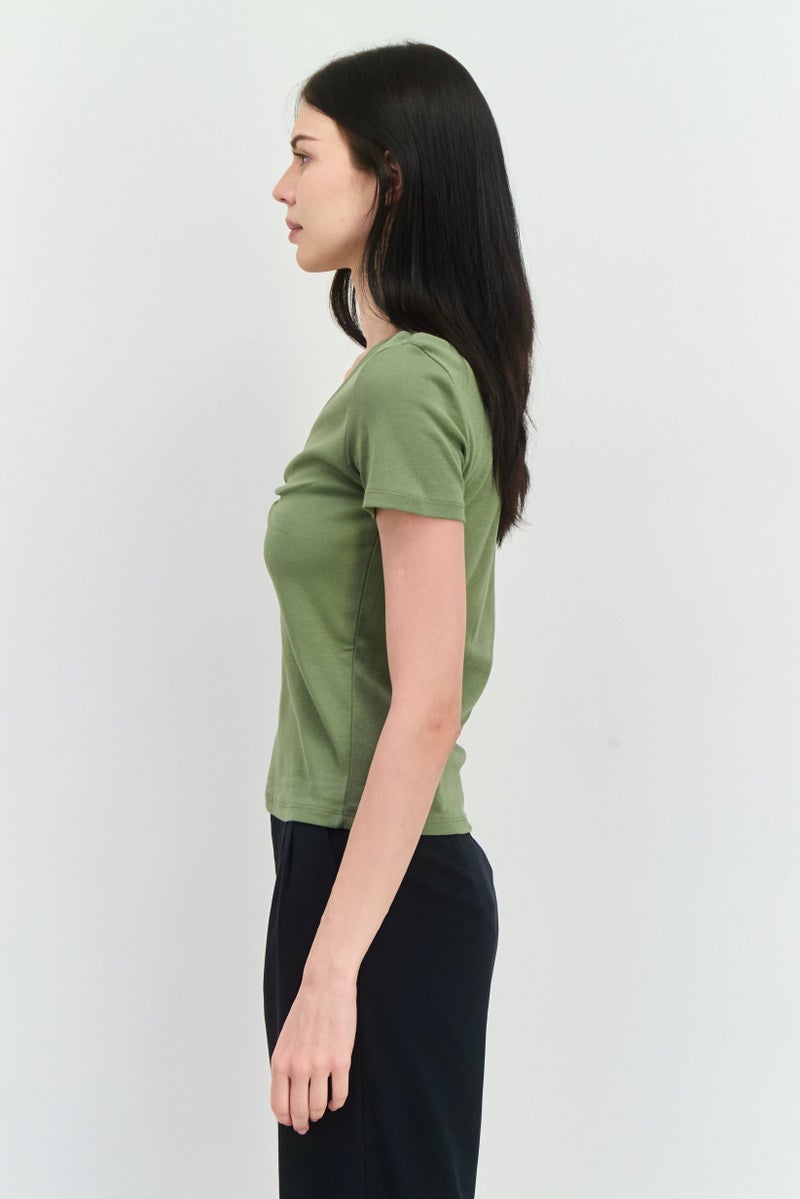 MANGO Women V-Neck Short Sleeves Solid Top, Sage Green - Image 2