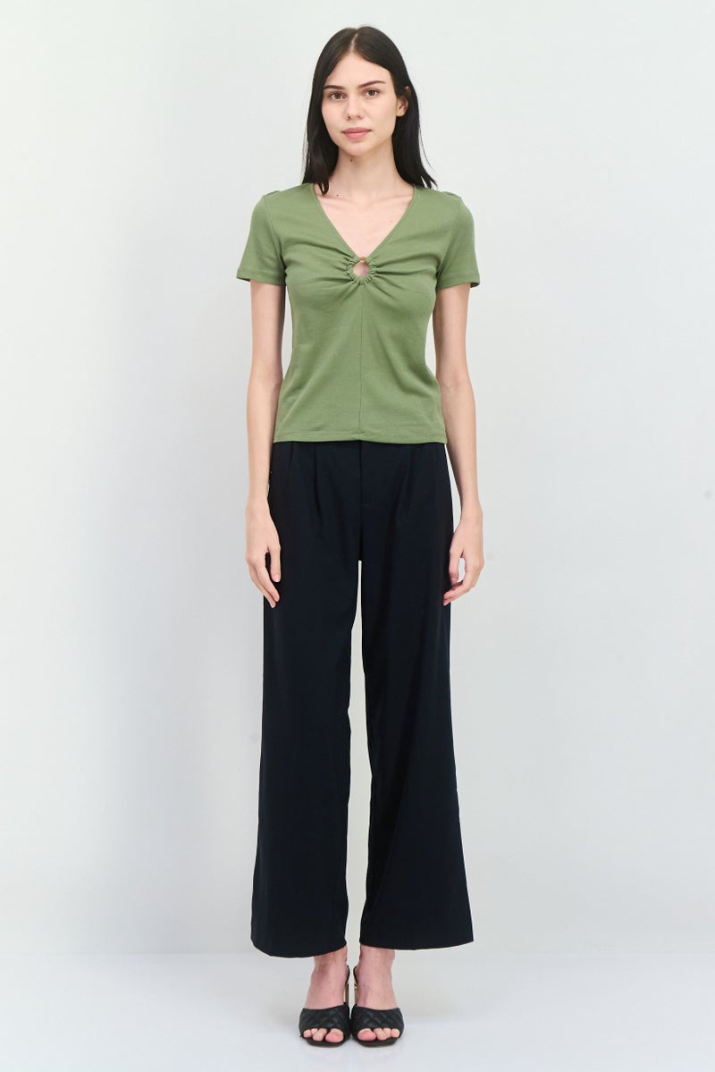 MANGO Women V-Neck Short Sleeves Solid Top, Sage Green - Image 4