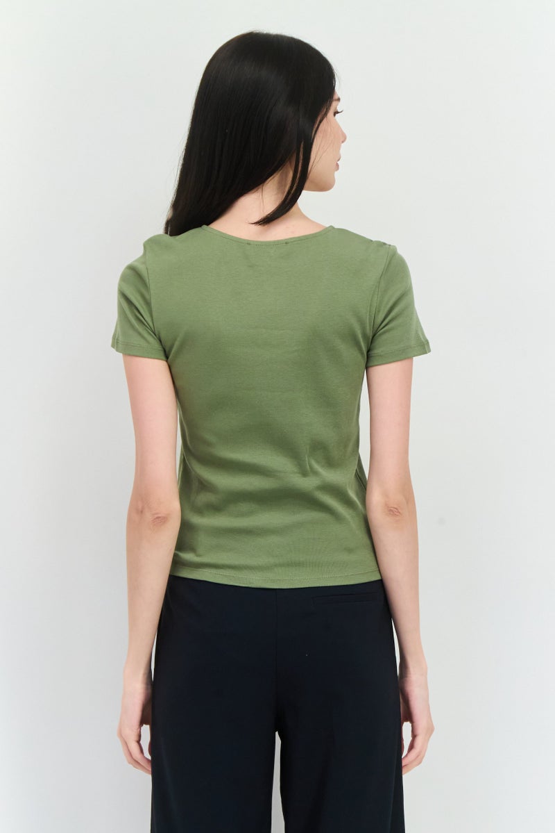 MANGO Women V-Neck Short Sleeves Solid Top, Sage Green - Image 3