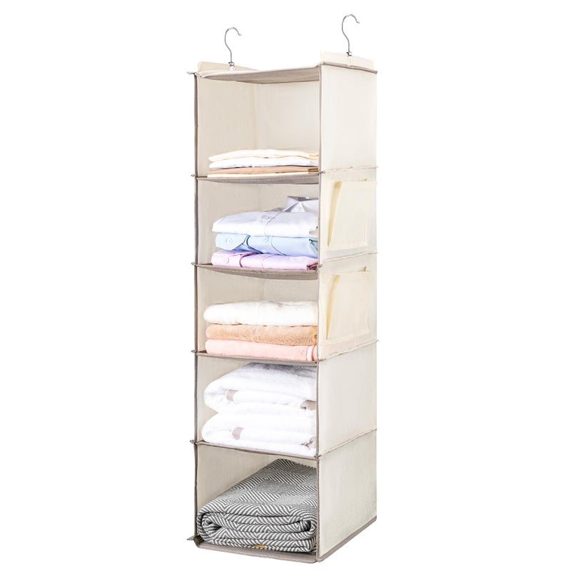 BOOMIBOO Hanging Closet Organize and Shelves5Hanging Shelf with 2 Side PocketsStorage Foldable Beige