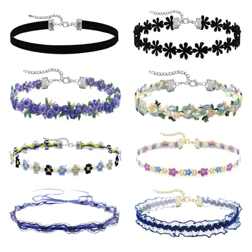 Palotay 8PCS Colorful Daisy Choker Necklace Set for Women - Velvet, Lace, Gothic & Classic Styles - Flower Choker Gifts - Image 1