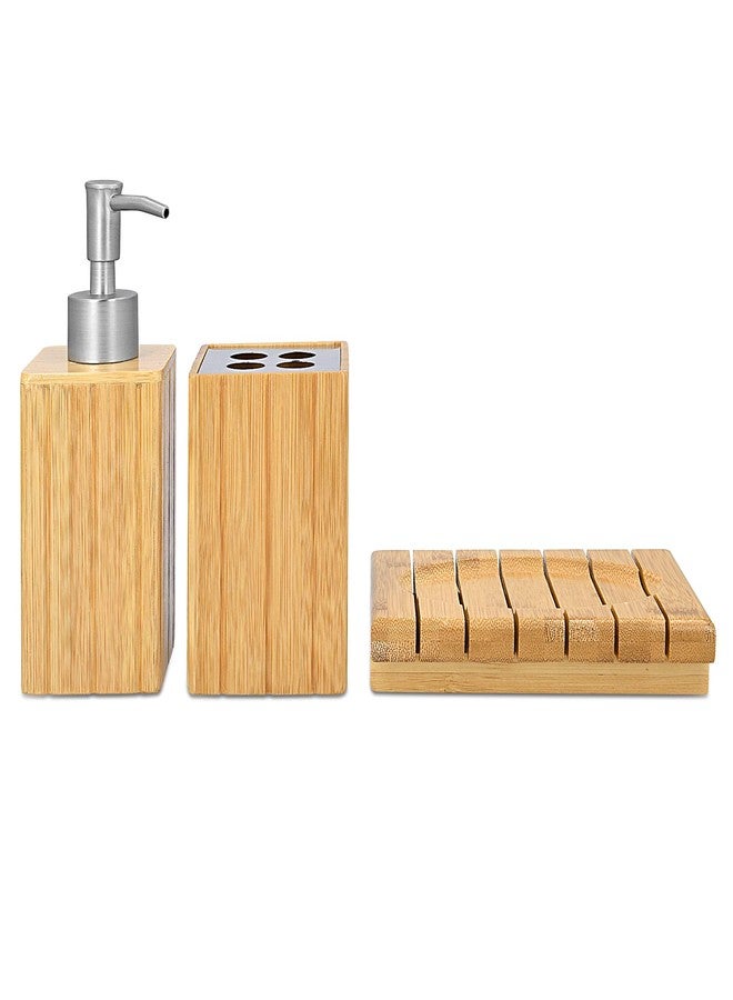 Navaris Bamboo Bathroom Accessories Set - 3-Piece Bath Set with Toothbrush Holder, Liquid Soap Dispenser, Soap Dish - Bath Accessory Trio 3 Pieces - Image 5
