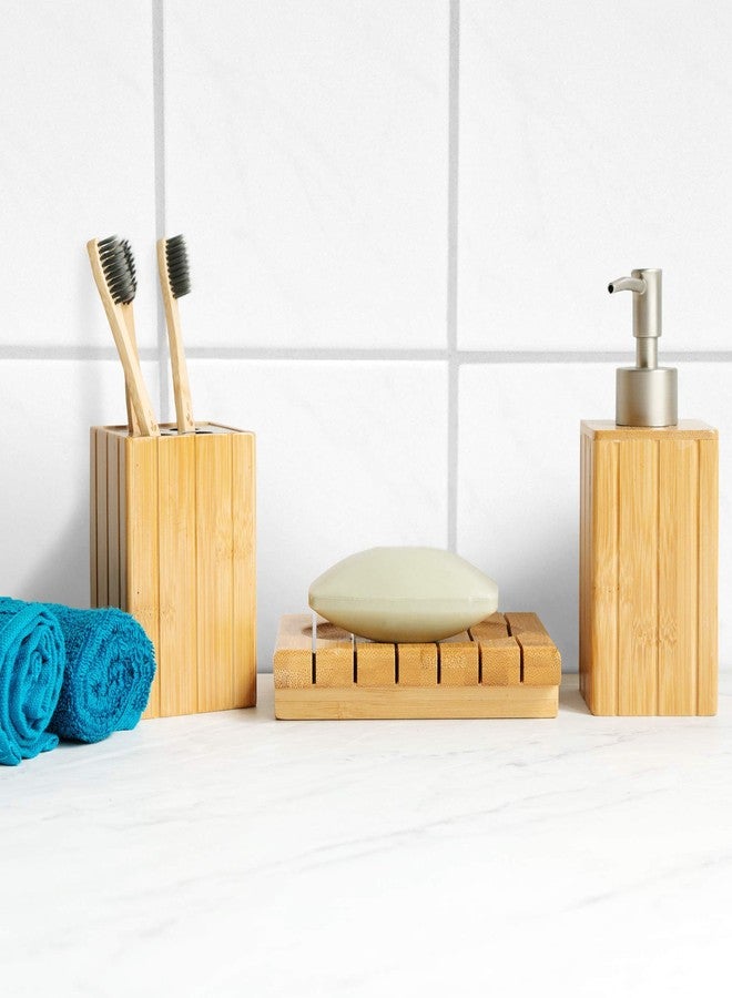 Navaris Bamboo Bathroom Accessories Set - 3-Piece Bath Set with Toothbrush Holder, Liquid Soap Dispenser, Soap Dish - Bath Accessory Trio 3 Pieces - Image 2