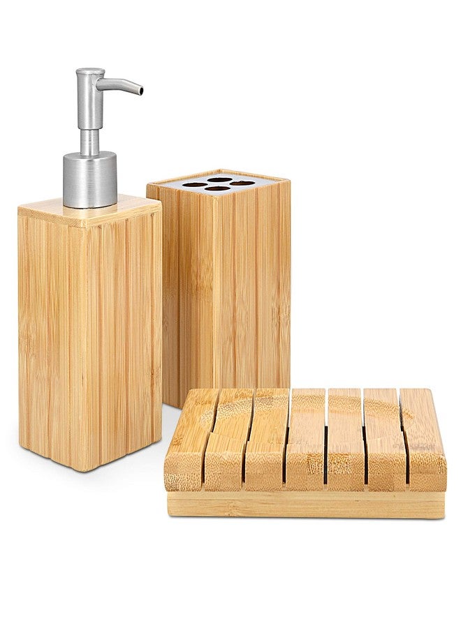 Navaris Bamboo Bathroom Accessories Set - 3-Piece Bath Set with Toothbrush Holder, Liquid Soap Dispenser, Soap Dish - Bath Accessory Trio 3 Pieces - Image 1
