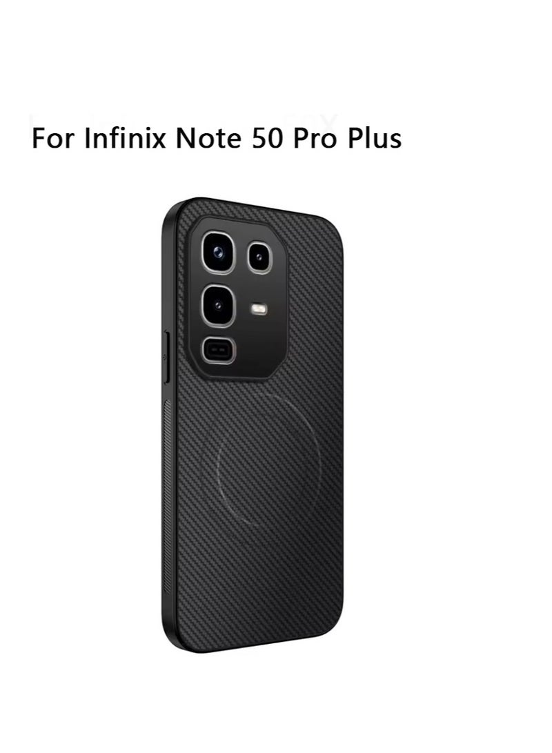 Magnetic anti-drop case for Infinix Note 50 Pro Plus, lens PC protection carbon fiber texture protective case - black  - Image 1