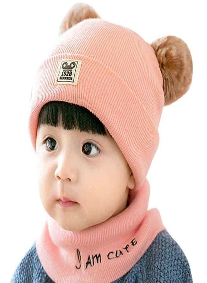 Niue Baby Knit Hat Scarf Set Toddler Girls Boys Winter Pom Pom Beanie Cap With Neck Warmer (Pink)-(0-3 Years) - Image 1