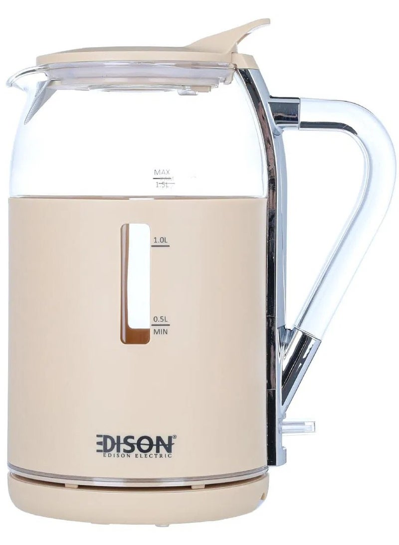 Elite Edison Electric Kettle, Glass, 1.5 Liter, 2200 Watt - Beige