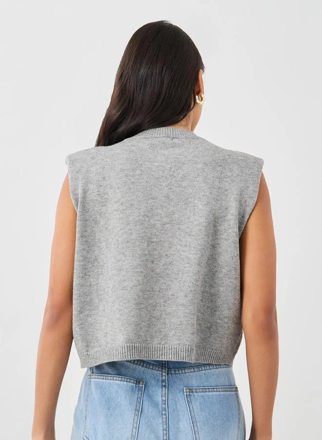 Styli Styli Solid Buttoned Sleeveless Top with Shoulder Pad Detail
