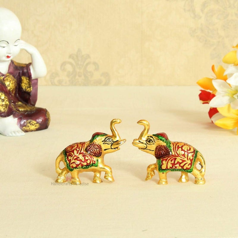 Handicrafts Paradise Handicrafts Paradise Aluminium Metal Elephant Enamel Painted Trunk Up 3 X 1.75 X 2.75 Inch Pair - Image 1