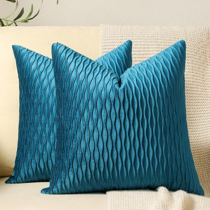 DEZENE Turquoise Throw Pillow Cases 16x16 2 Pack Inch Original Striped Velvet Square Decorative Pillow Covers for Farmhouse Couch