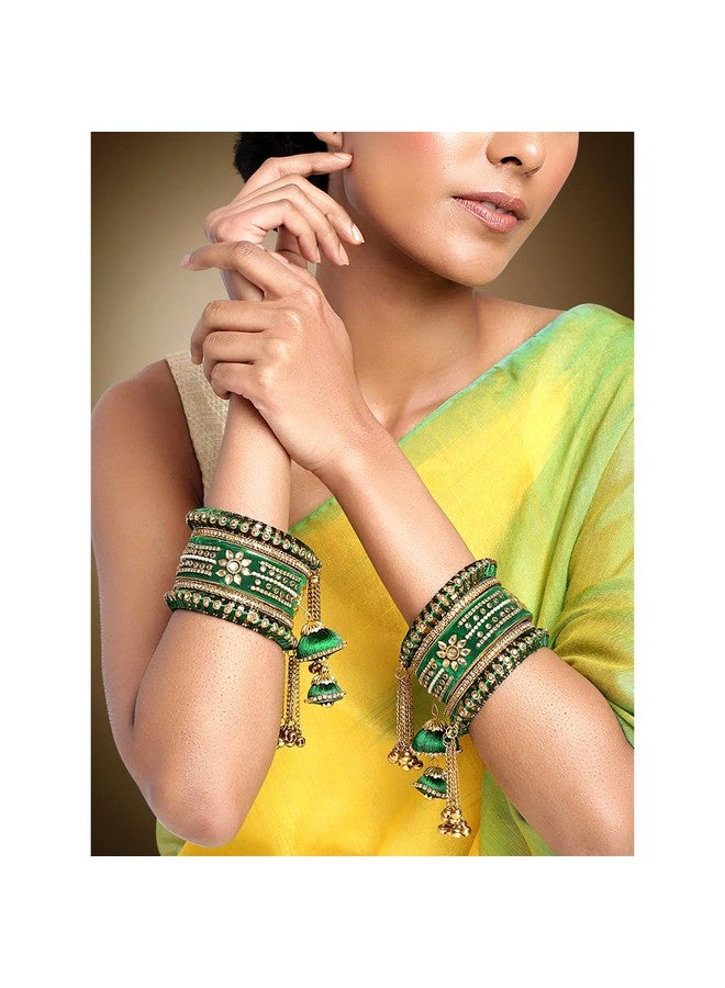 Aheli Wedding Party Designer Velvet Faux Stone Studded Bridal Bangle Set Chuda With Hangings Indian Traditional Ethnic Fashion Jewelry For Women - Image 2