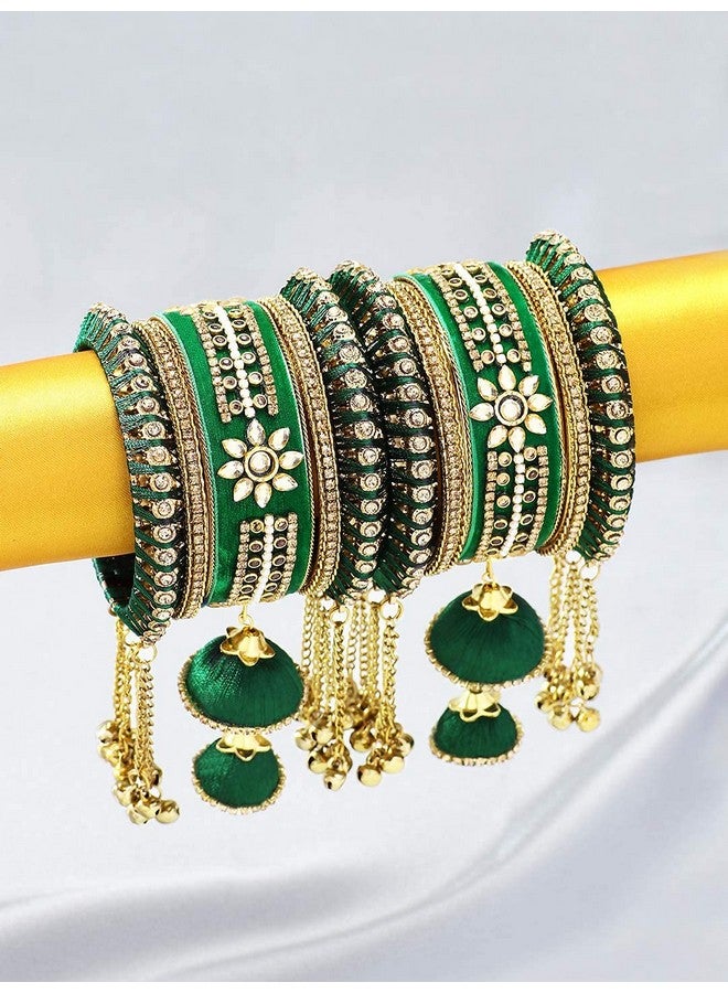 Aheli Wedding Party Designer Velvet Faux Stone Studded Bridal Bangle Set Chuda With Hangings Indian Traditional Ethnic Fashion Jewelry For Women - Image 3