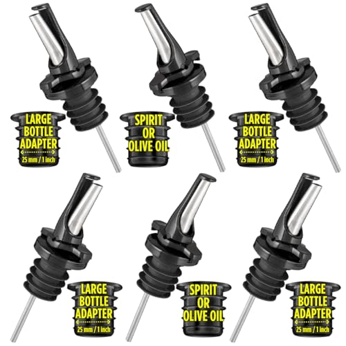 Poura 3-in-1 Liquor Pour spout with Built-in Fruit Fly Protection - Dishwasher Safe Hygienic Alcohol Speed Spouts - Also for Olive Oil, Juice, Syrup. Black 6 Pack with 6 Adapters for Large Neck Bottles - Image 1