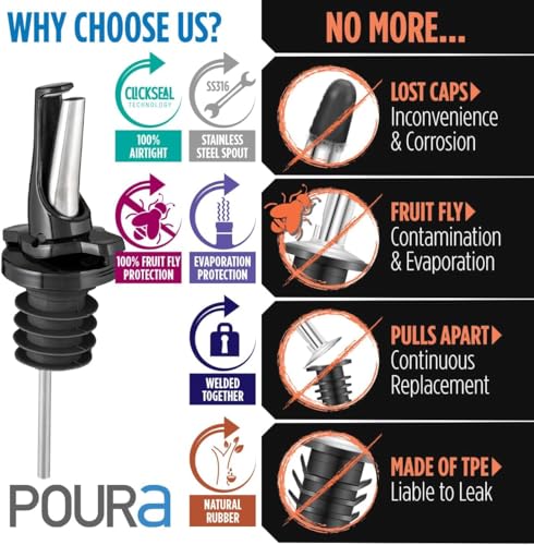 Poura 3-in-1 Liquor Pour spout with Built-in Fruit Fly Protection - Dishwasher Safe Hygienic Alcohol Speed Spouts - Also for Olive Oil, Juice, Syrup. Black 6 Pack with 6 Adapters for Large Neck Bottles - Image 4