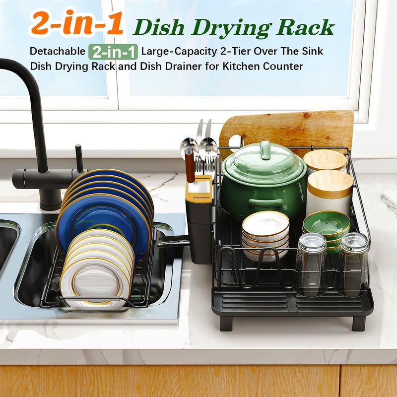 Runnatal Large Dish Drying Rack with Drainboard Set, Stainless Steel Detachable 2-in-1 Large-Capacity 2-Tier Over The Sink Anti-Rust Dish Rack and Dish Drainer for Kitchen Counter - Image 3