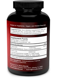 Divine Bounty Vitamin K2 (Mk7 & Mk4) With D3 Supplement - Vitamin K & D As Mk-7 100Mcg, Mk-4 500Mcg, And 5000 Iu Vitamin D3 3-In-1 Formula - Bone And Heart Support - 90 Non-Gmo Vegetarian Capsules  - Image 2