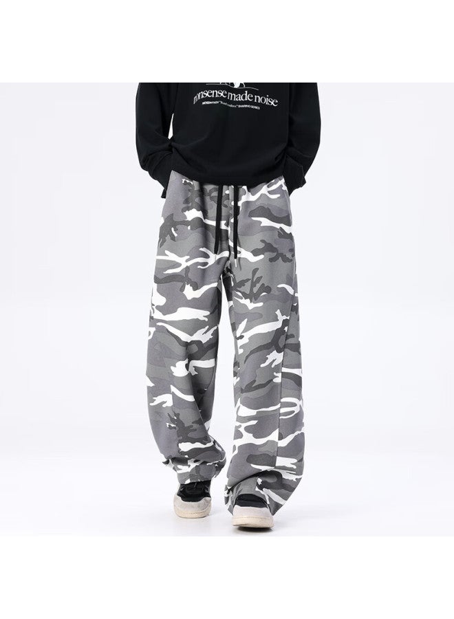 Dingfengbaoluo American Vintage Camouflage Workwear Pants Trendy High Street Loose Wide-leg Casual Pants Camouflage Gray XL - Image 1