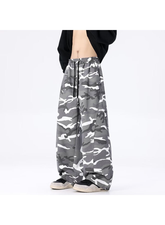 Dingfengbaoluo American Vintage Camouflage Workwear Pants Trendy High Street Loose Wide-leg Casual Pants Camouflage Gray XL - Image 2