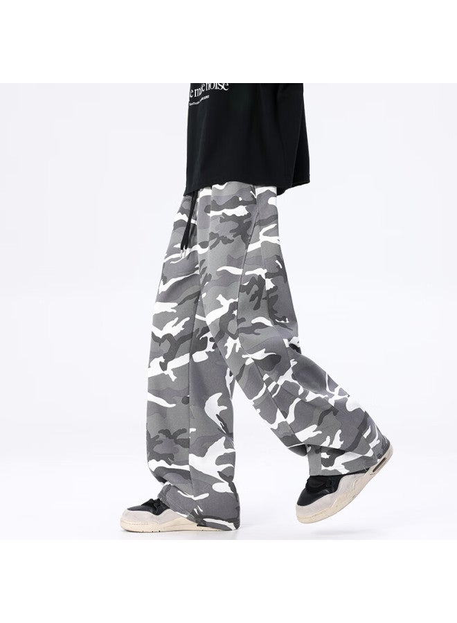 Dingfengbaoluo American Vintage Camouflage Workwear Pants Trendy High Street Loose Wide-leg Casual Pants Camouflage Gray XL - Image 3