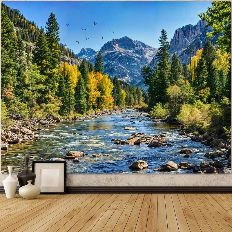 AMM Nature Forest Mountain Tapestry Green Pine Tree Tapestry for Bedroom Aesthetic Flowing River Landscape Tapestries Wall Hanging Bird Decor for Living Room Classroom Dorm Office - Image 2