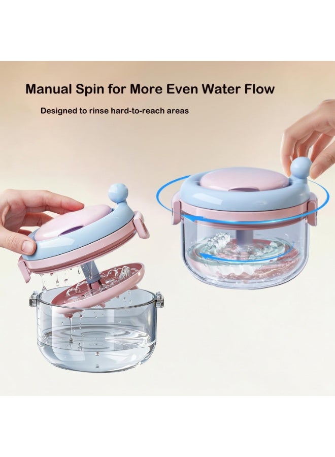 CHIYLE Manual Rotating Retainer Cleaner Case with Mirror, Portable Orthodontic Aligner Cleaning Box, Pink & Blue Sticker Design - Image 4