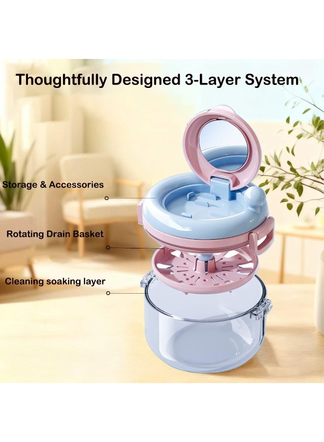 CHIYLE Manual Rotating Retainer Cleaner Case with Mirror, Portable Orthodontic Aligner Cleaning Box, Pink & Blue Sticker Design - Image 2