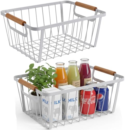 LeleCAT White wire baskets for organizing with Wooden Handle ,Metal Wire Storage Baskets Country Vintage Style Snack Baskets. pantry organizers and storage，Kitchen,Bedroom,Bathroom,White,Set of 2 - Image 1