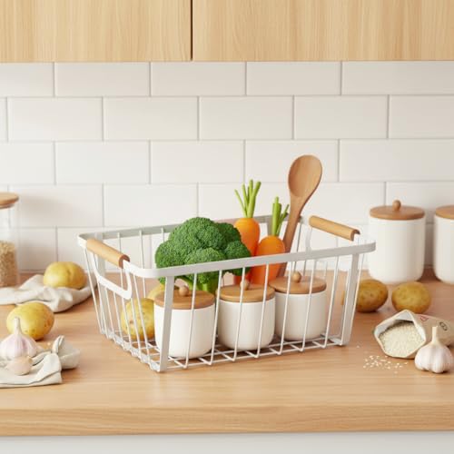 LeleCAT White wire baskets for organizing with Wooden Handle ,Metal Wire Storage Baskets Country Vintage Style Snack Baskets. pantry organizers and storage，Kitchen,Bedroom,Bathroom,White,Set of 2 - Image 4