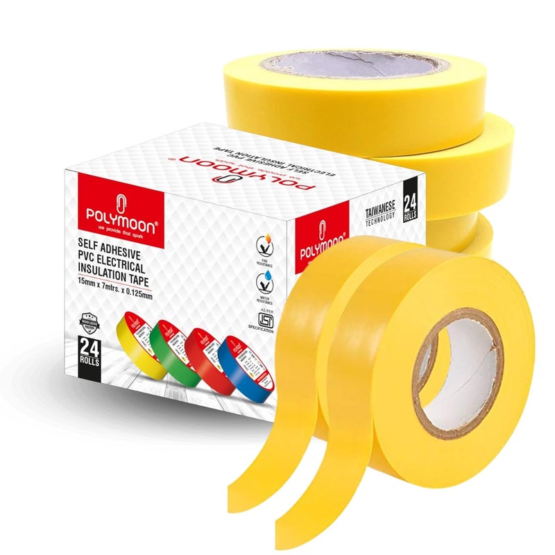 POLY MOON Self Adhesive PVC Electric Insulation Tape 15mm Thickness 7 Meter Roll Strong Flexible Flame Resistant Waterproof Wire Cable Repair Tape for Home Office Industrial Use - Yellow (24) - Image 1