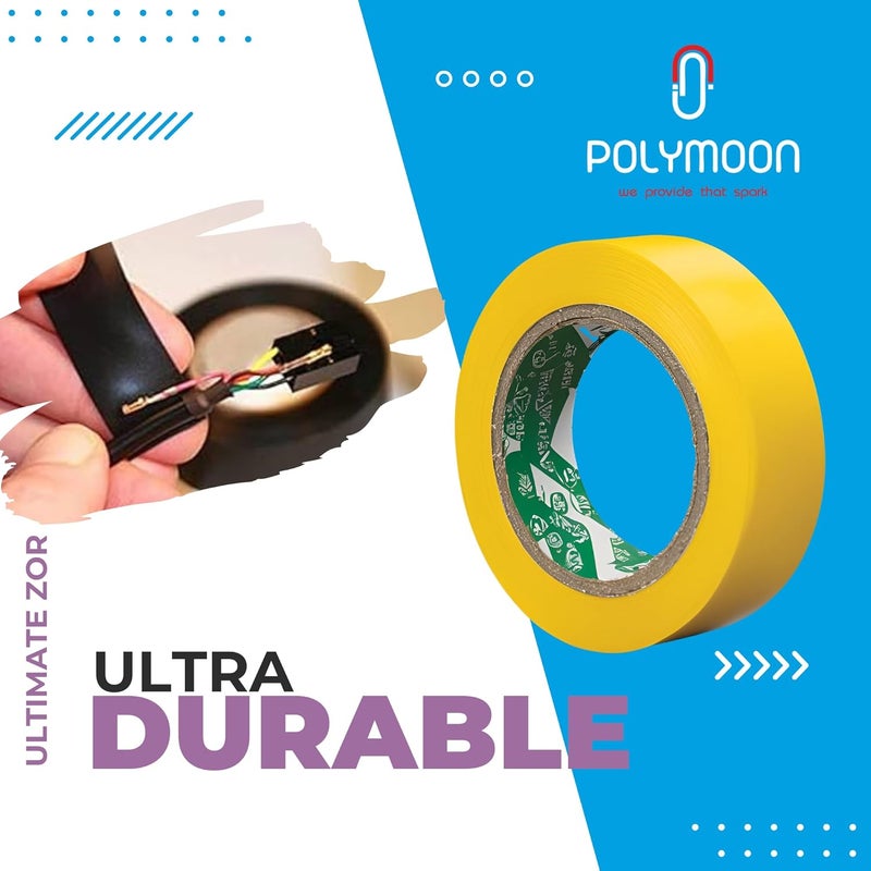 POLY MOON Self Adhesive PVC Electric Insulation Tape 15mm Thickness 7 Meter Roll Strong Flexible Flame Resistant Waterproof Wire Cable Repair Tape for Home Office Industrial Use - Yellow (24) - Image 3