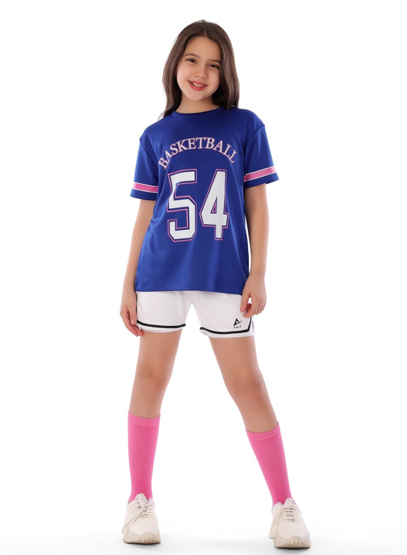 ANJA Girls' Blue Basketball T-Shirt – Comfortable, Short-Sleeve Design - Image 1