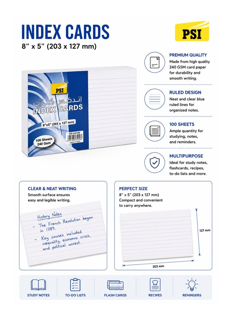 Psi 100-Piece Ruled Index Card 8x5 Inch Size 240gsm Thickness - Image 2