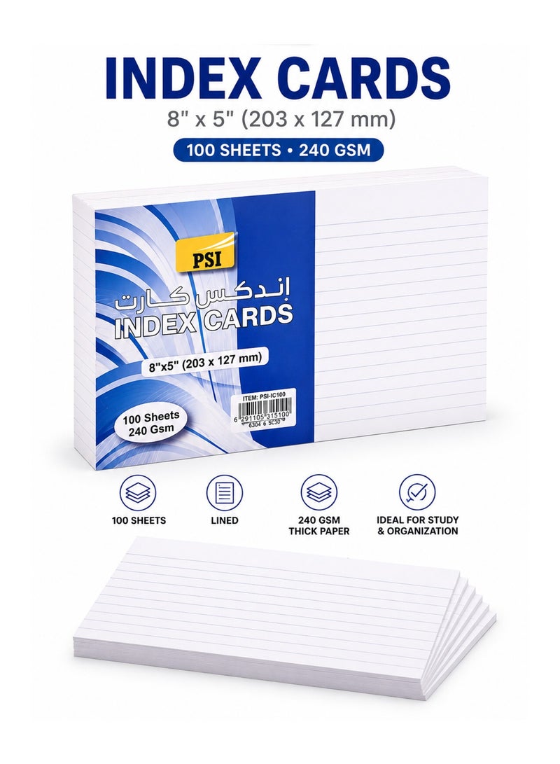 Psi 100-Piece Ruled Index Card 8x5 Inch Size 240gsm Thickness - Image 1