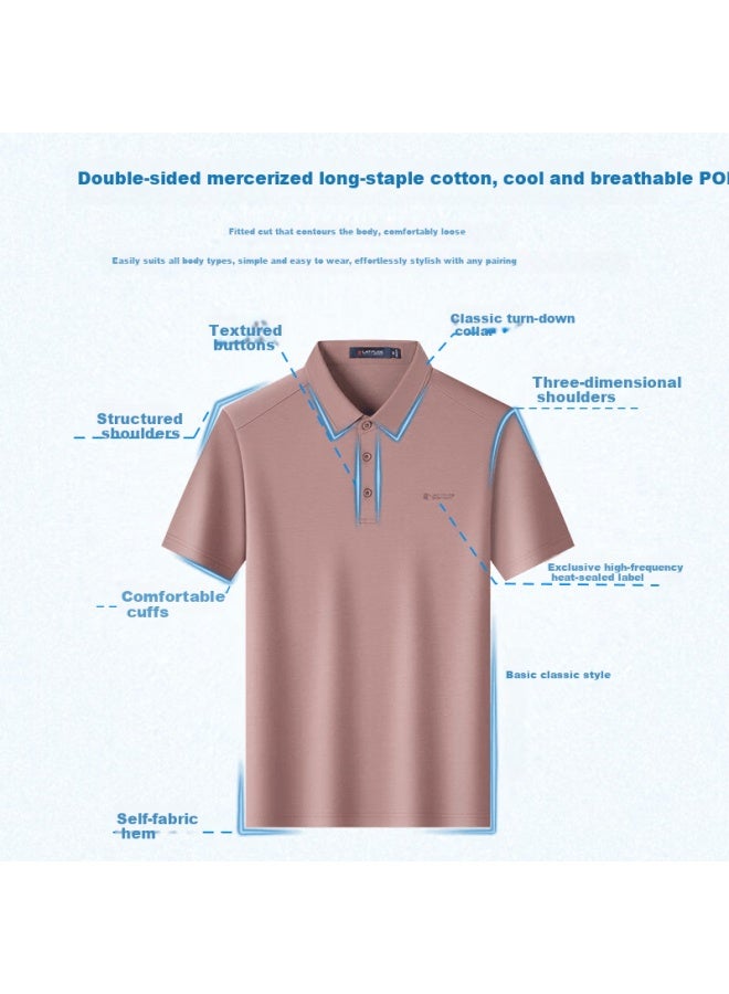 Montagut Men's Summer Short Sleeve Polo Shirt High-end Solid Color Mercerized Cotton Breathable Cool Feeling Pink 3XL - Image 2