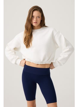 Los Ojos Ecru Wide Waist Drawstring Crop Sweatshirt Cropped Pullover  - Image 2