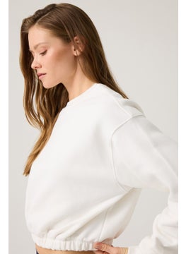 Los Ojos Ecru Wide Waist Drawstring Crop Sweatshirt Cropped Pullover  - Image 1