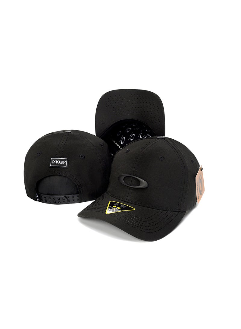 OAKLEY قبعة أوكلي سوداء بنمط سناب باك مع حافة مثقبة وشعار O الأيقوني