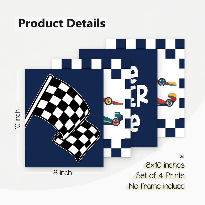 PLKMN Race Car Room Decor for Boys Little Racer Dude 8x10 Art Print Buffalo Plaid Decor Inspirational Boys Room Quote Wall Art Poster for Boy Playroom Bedroom Decor Set of 4 Unframed (Navy Blue) - Image 2