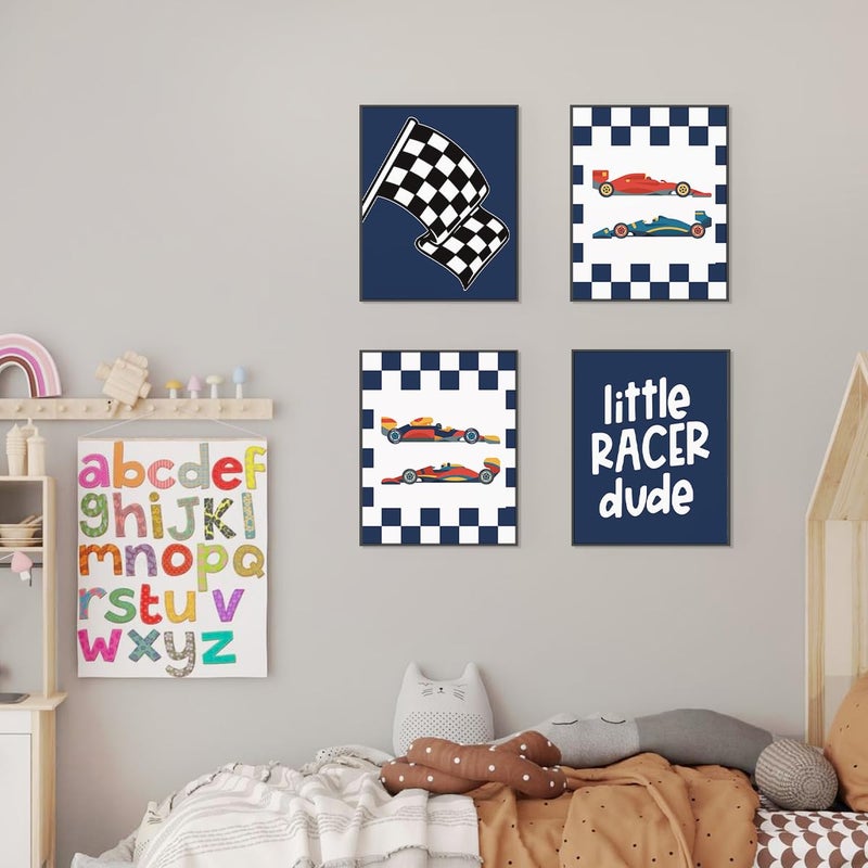 PLKMN Race Car Room Decor for Boys Little Racer Dude 8x10 Art Print Buffalo Plaid Decor Inspirational Boys Room Quote Wall Art Poster for Boy Playroom Bedroom Decor Set of 4 Unframed (Navy Blue) - Image 4