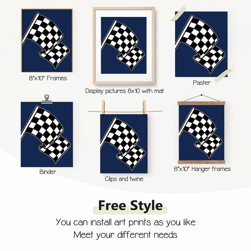 PLKMN Race Car Room Decor for Boys Little Racer Dude 8x10 Art Print Buffalo Plaid Decor Inspirational Boys Room Quote Wall Art Poster for Boy Playroom Bedroom Decor Set of 4 Unframed (Navy Blue) - Image 3