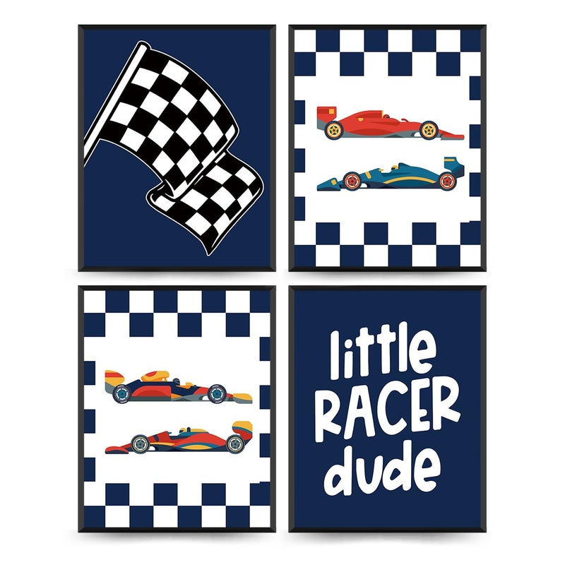 PLKMN Race Car Room Decor for Boys Little Racer Dude 8x10 Art Print Buffalo Plaid Decor Inspirational Boys Room Quote Wall Art Poster for Boy Playroom Bedroom Decor Set of 4 Unframed (Navy Blue) - Image 1