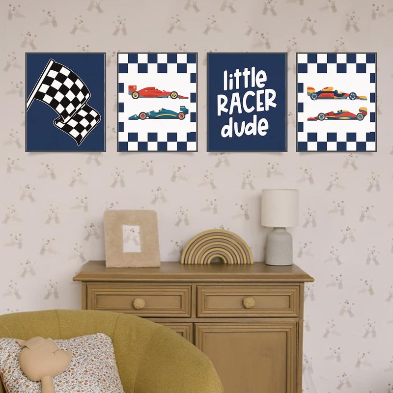 PLKMN Race Car Room Decor for Boys Little Racer Dude 8x10 Art Print Buffalo Plaid Decor Inspirational Boys Room Quote Wall Art Poster for Boy Playroom Bedroom Decor Set of 4 Unframed (Navy Blue) - Image 5
