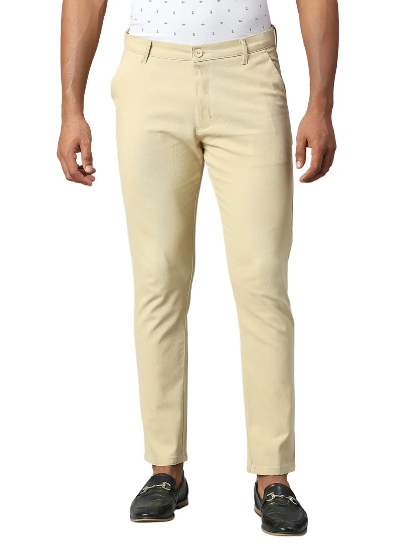 دينيس لينغو Men's Tapered Fit Light Khaki Cotton Chinos - Mid-Rise, Full Length, Button & Zip Closure,