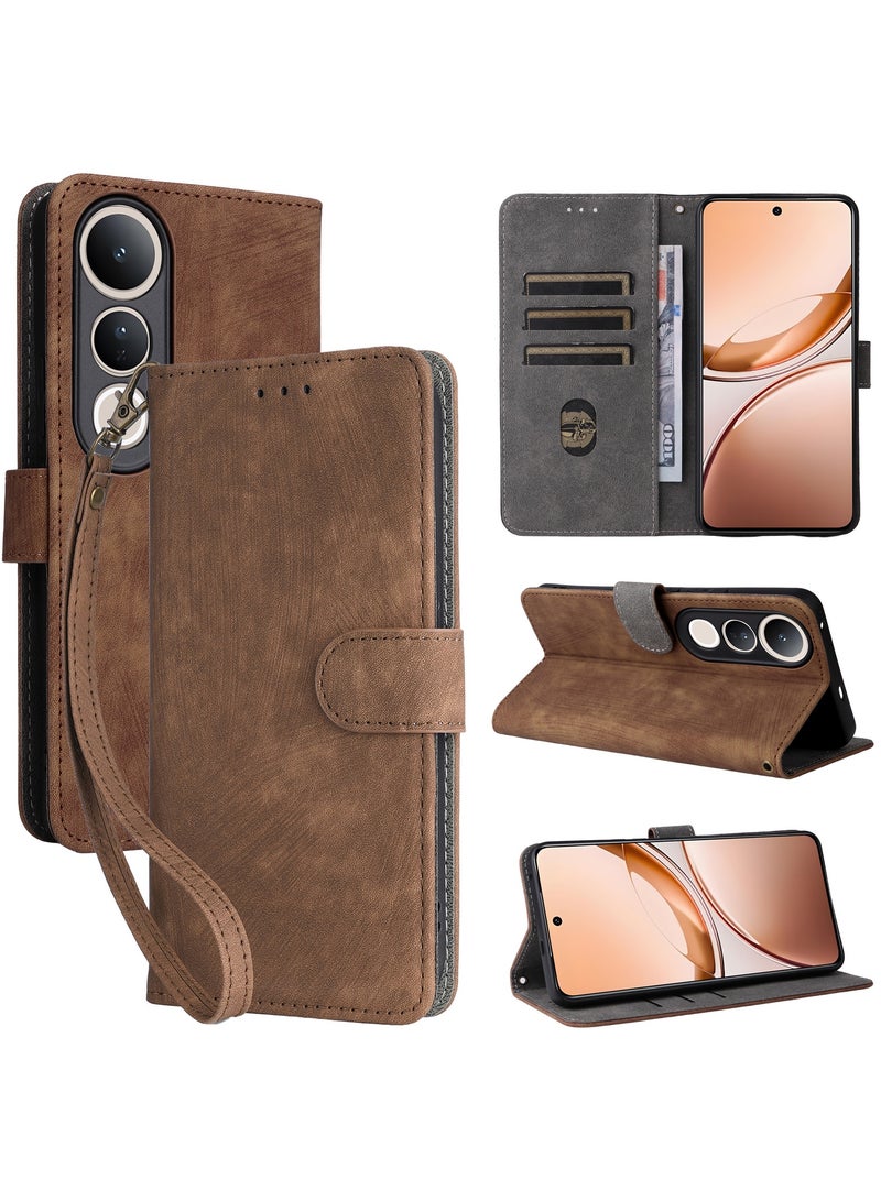 For Vivo V50 Lite Flip Cover with Detachable lanyard, PU Leather Full Body Protection Shockproof Flip Mobile Phone Case, RFID Anti-theft Brush Folio Wallet Case - Image 1