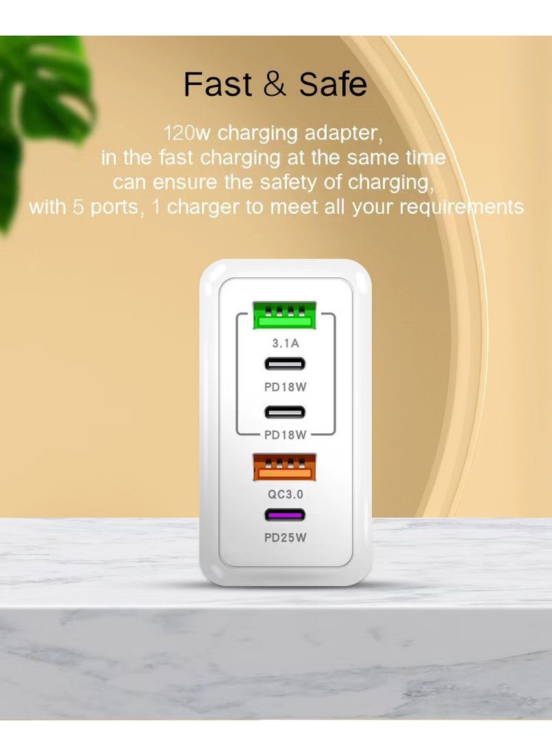20W Multifunctional 5-Port Type-C Charger - Wall USB C PD Charger with Quick Charge 3.0 Charging Station Compatible with iPhone Pixel Samsung Huawei iPad Tablets and more 3PD+2USB