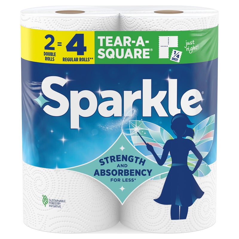 Sparkle Tear-A-Square Paper Towels, 2 Double Rolls (220 Sheets Total) - Strong 2-Ply Towels for Kitchen Cleanup and Everyday Messes - Image 1