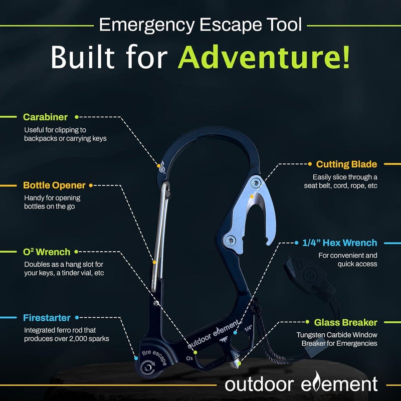 OUTDOOR ELEMENT أداة الهروب من الحريق، أداة الهروب الطارئة، قاطع حزام الأمان، كاسر النوافذ، أداة متعددة، مشعل، كارابيني، وأكثر من ذلك بكثير - Image 3