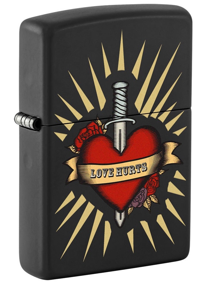 Zippo ولاعة مقاومة للرياح سوداء غير لامعة بتصميم وشم حب مؤلم Ci405325 218 - Image 1