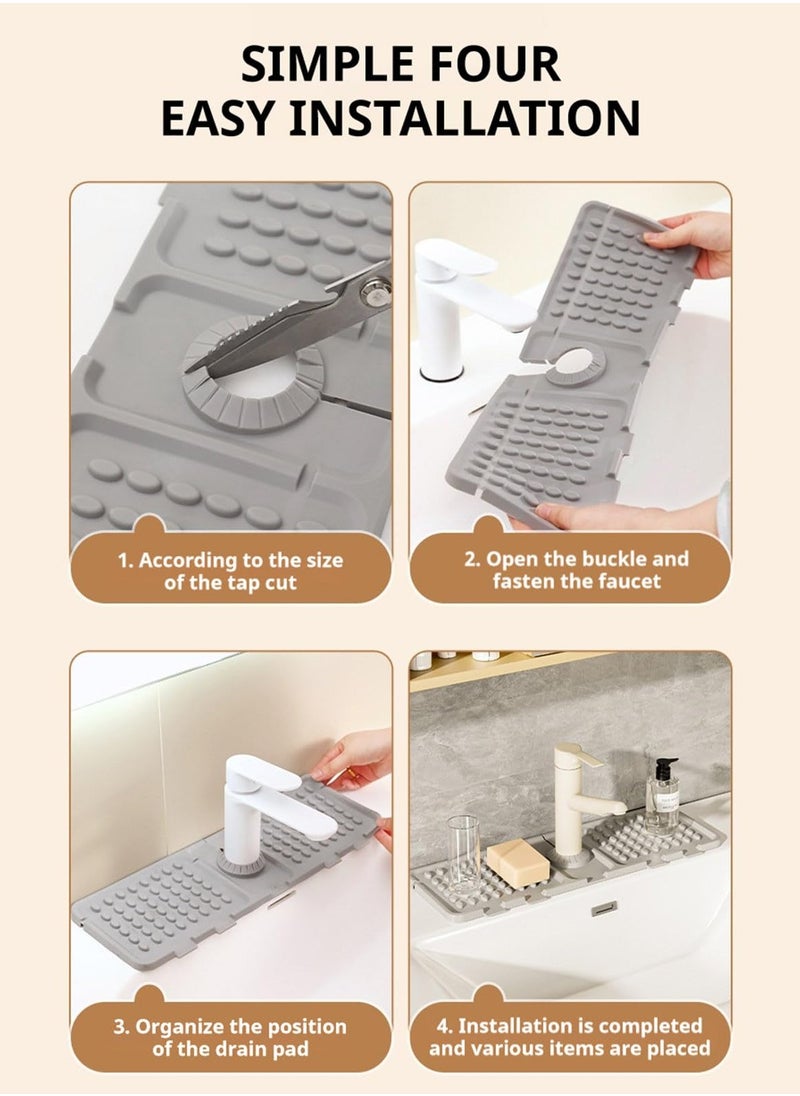 Excefore - Sink Faucet Mat Splash Guard, Silicone Sink Splash Guard, Faucet Mat for Kitchen Sink, Drying Mat for Kitchen Counter, Bathroom Sink, Anti-Slip with Fast Draining Groove, 16.3''x5.5'' (Grey and Beige) - Image 1