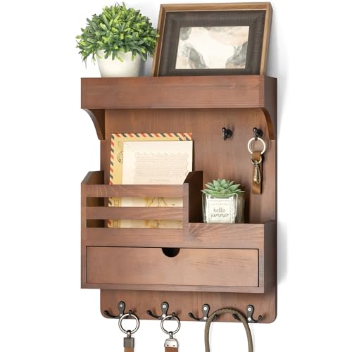 Rebee Vision Farmhouse Key Holder Wall Mount with Drawer Organizer Pine Wooden Mail and Key Organizer for Wall with 6 Sturdy Hooks Floating Shelf Perfect for Retro Living Room Decor Brown - Image 1